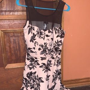 Light pink dress with rose print and mesh neckline